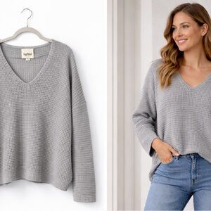 UpWest Waffle Knit Sweater V Neck Relaxed Fit XL Gray